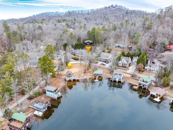 Aerial view of cove with Boathouse