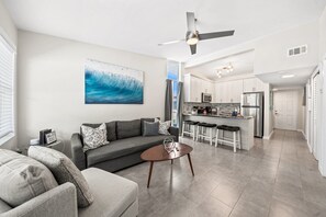 Bright, breezy living area with modern coastal décor