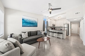 Bright, breezy living area with modern coastal décor