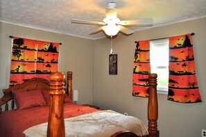 Africa themed bedroom; queen bed.