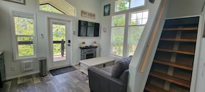 living room and loft stairs