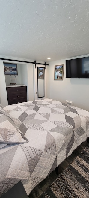 Bedroom with dresser, 2 closets, TV and a full mirror