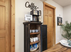 Start your mornings right at this vacation rental home with a fully stocked coffee bar, complete with K-cups, ground coffee, creamer, sugar, tea bags, and a kettle. Everything you need for a perfect cup of coffee or tea to kick off your day in Branson!