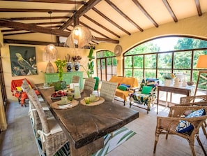 Outdoor Furniture, Home, Furniture, Door, Outdoor Table, Chair, Kitchen & Dining Room Table, Shade, Balcony, Porch