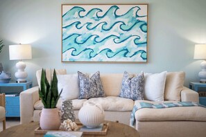 Sophisticated, coastal living room - watch the sunset over the ocean.
