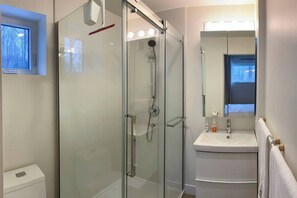 Salle de bain privée avec douche et toilette/bidet.