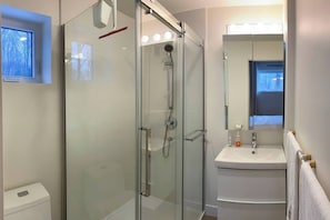 Salle de bain privée avec douche et toilette/bidet.