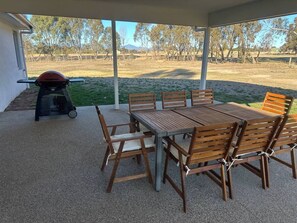 Mountain views from outdoor patio, Weber family sized gas bbq