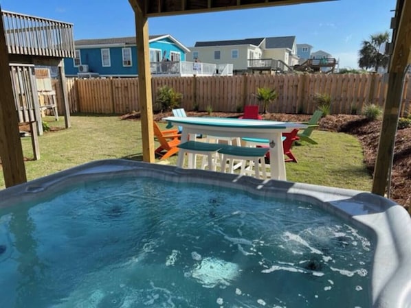 Backyard with fire pit, BBQ grill and hot tub