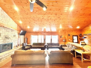 Wood burning fireplace in living room