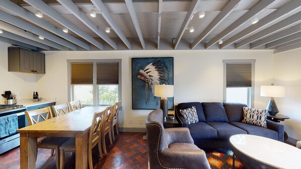 Natural light fills the living area