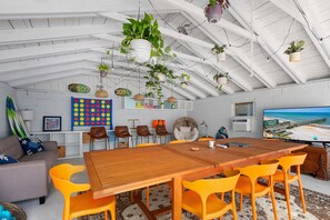 Entertainment Room- Shared Space- TV, Foosball, Lounge, Games + Beach Toys
