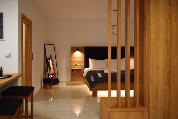 Hallway with Ambient Lighting – Mood lighting for a boutique stay feel.
