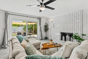 Sliding glass doors lead to the outdoor patio