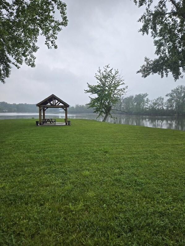 Backyard with pavilion and view