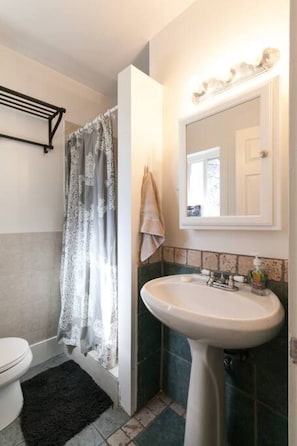 Bath - Full bath with shower and included amenities such as soap, towels, toilet paper and shampoo