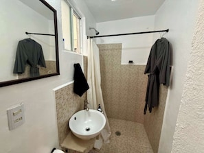 Baño (taza de baño, lavabo, cortinero, regadera, batas, espejo)