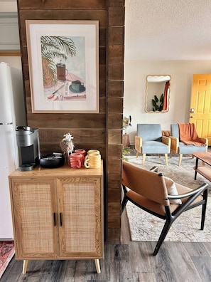 Stocked coffee bar with complimentary k-cups, tea and frother.
Bar also includes wine glasses, wine opener and martini glasses for your perfect night cap.