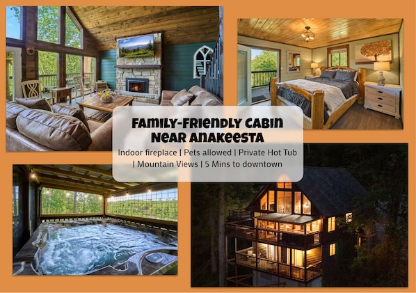Relax in this rustic-style cabin with cozy seating, vaulted wood ceilings, and a charming dining area—perfect for families or groups. Enjoy a peaceful retreat near Anakeesta in the Smoky Mountains.