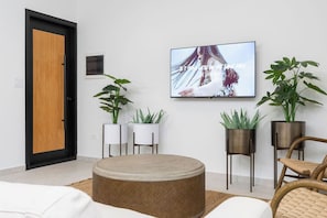 Modern living area with smart TV, stylish decor, and peaceful vibes—perfect for relaxing indoors.