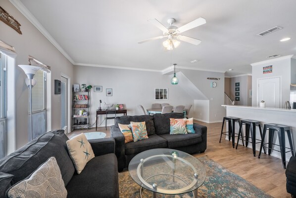 Gather around for a movie night with ample seating and streaming access
