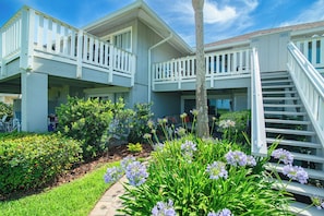 The covered patio provides shade from the sun and protection from the rain.