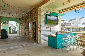 Downstairs bar, refrigerator, TV