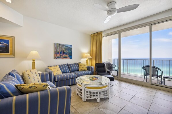 Living room space and stunning view of the Gulf