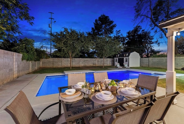 Large yard with private heated pool