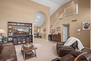 Kick back on plush leather couches and enjoy your favorite shows on the large TV.