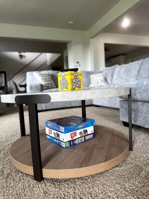 Over 15 board games available for an impromptu game night.