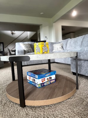 Over 15 board games available for an impromptu game night.