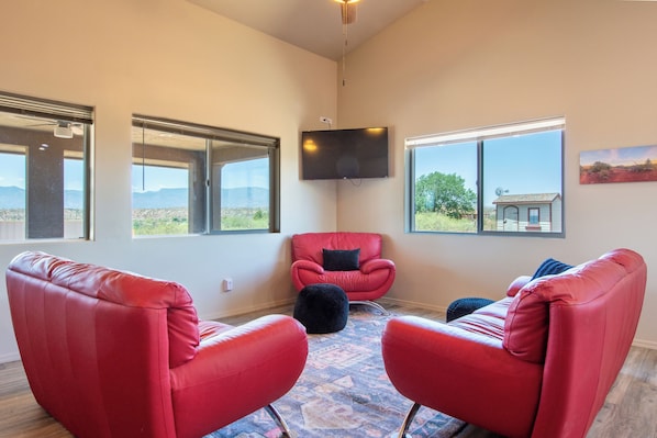 Cozy living area with mountain views and smart TV