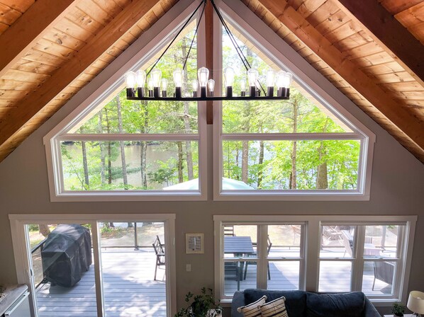 Vaulted ceiling over open living room & kitchen