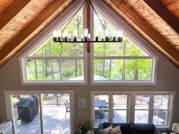 Vaulted ceiling over open living room & kitchen