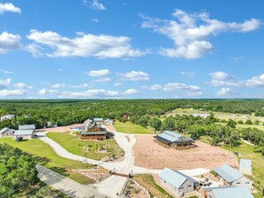 Aerial view of RusTx Ranch.  Unit 2 is in the cluster of three cabins in the upper left of the picture.