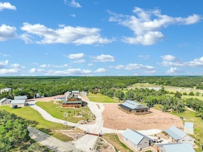 Aerial view of RusTx Ranch. Unit 2 is in the cluster of three cabins in the upper left of the picture.