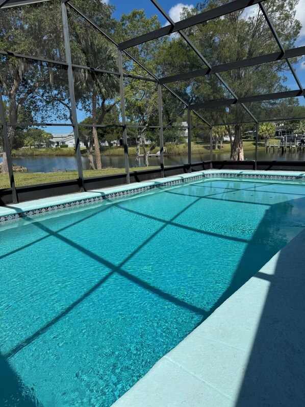 The large pool with a great view of the water