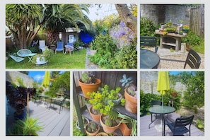 Espace détente sous les palmiers avec barbecue Notre jardin commun offre un véritable havre de paix : plantes grasses, banquettes, mobilier d’extérieur et un coin barbecue pour un séjour authentique et convivial à La Flotte.