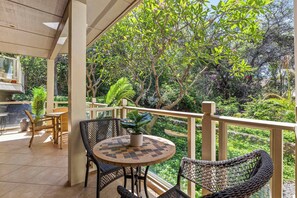 Sip your morning coffee in a lush tropical hideaway—this serene lanai is your private front-row seat to Maui’s natural beauty. 🌿☕ #LuxeMauiStay
