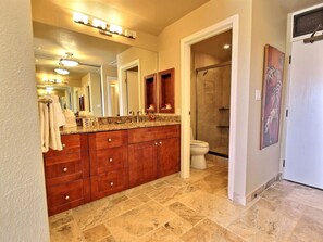 KGV-19P3 Begin your day with a mirror-lit smile and end it in soothing stone and warm wood?this bathroom completes the story of rest
