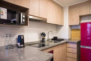 Modern and efficient kitchen with sleek appliances and ample storage, perfect for cozy meals in your Chilean studio retreat.