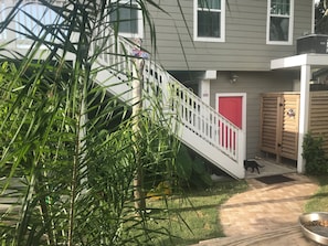 Outdoor shower and stairs to the upstairs garage apartment- 17 steps up