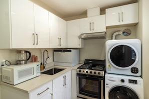 stove, range-hood, fridge, dishwasher, microwave, air fryer, washer and dryer