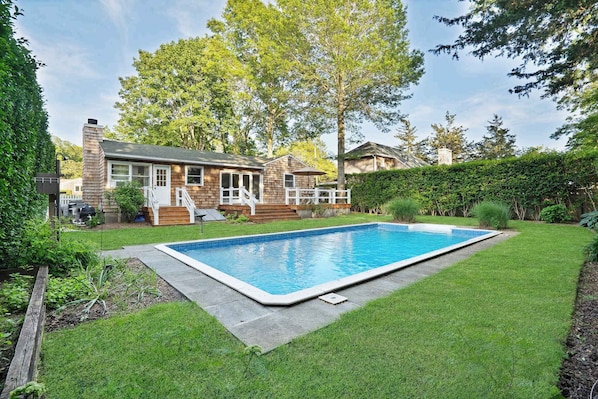 Backyard pool surrounded by trees