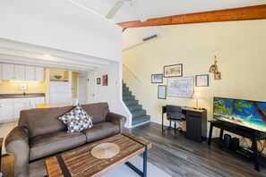 Open living space with pullout sofa for additional room to sleep