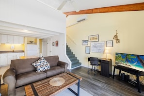 Open living space with pullout sofa for additional room to sleep