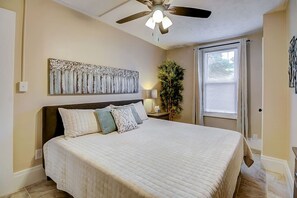 Cozy first-floor bedroom with king-sized memory foam mattress.