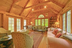 Living Room | Stone Fireplace | Free WiFi | Portable A/C Units | Main Level