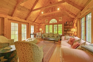 Living Room | Stone Fireplace | Free WiFi | Portable A/C Units | Main Level
